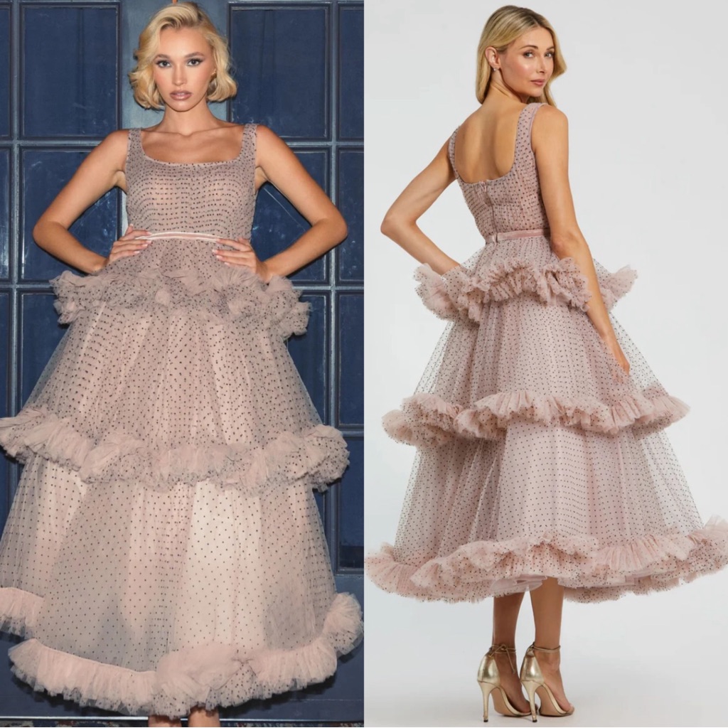 Mac Duggal 20776 Sleeveless Dot Net Tiered Ruffle Dress Nwt Blush